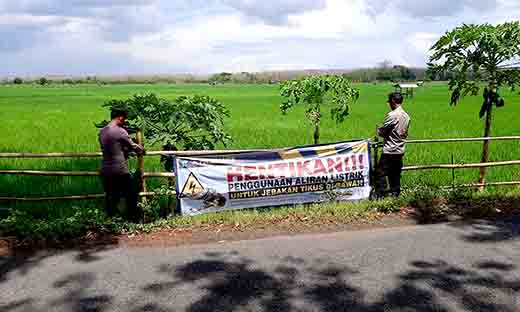 Polsek laren pasang spanduk larangan penggunaan aliran listrik untuk