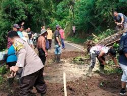 Polisi bersama TNI dan Warga Bersihkan Longsor Jalur Wisata Telaga Ngebel di Ponorogo Kembali Normal