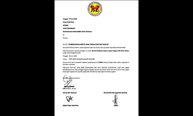 Kontes ayam tangkas dpc ppai takalar resmi ditunda, panitia sampaikan permohonan maaf