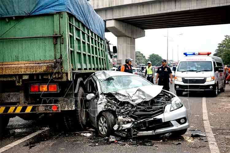 Mobil Pribadi Tabrak Truk di Flyover Banyu Urip
