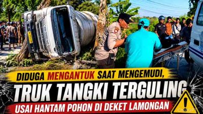Diduga Mengantuk Saat Mengemudi, Truk Tangki Terguling Usai Hantam Pohon di Deket Lamongan