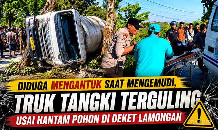 Diduga Mengantuk, Truk Tangki Terguling Usai Tabrak Pohon
