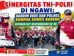 Ramaikan HUT Bhayangkara Ke 80, Dandim 0805/Ngawi Beserta Ibu Ikuti Gowes Bersama