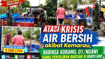 Atasi Krisis Air Bersih akibat Kemarau, Babinsa Koramil 01/Ngawi Kawal Penyaluran Bantuan di Banyu Urip