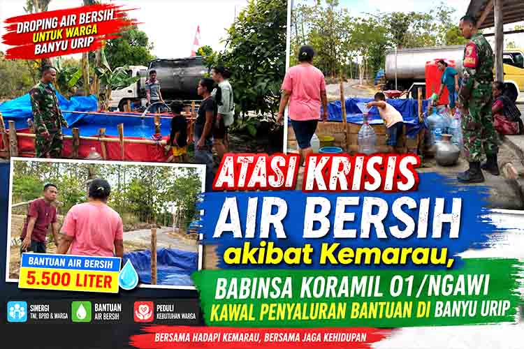 Atasi Krisis Air Bersih akibat Kemarau, Babinsa Koramil 01 Ngawi Kawal Penyaluran Bantuan di Banyu Urip