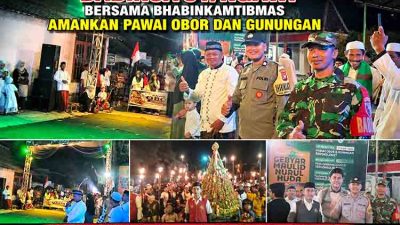 Babinsa 01 Ngawi Bersama Bhabinkamtibmas Amankan Pawai Obor dan Gunungan