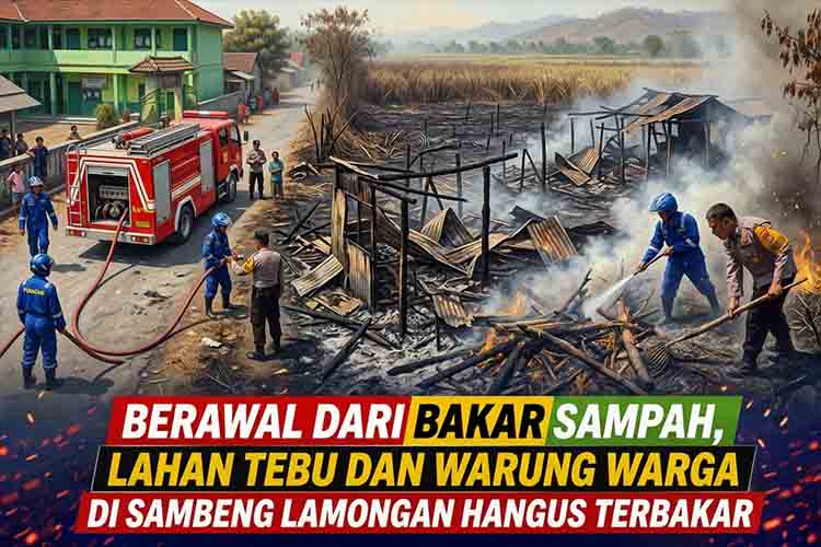 Berawal dari Bakar Sampah, Lahan Tebu dan Warung Warga di Sambeng Lamongan Hangus Terbakar