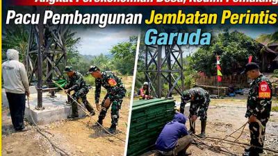 Genjot Akses Tani Wanarata, Danramil Bantarbolang Turun Tangan Pasang Sling Jembatan Perintis Garuda