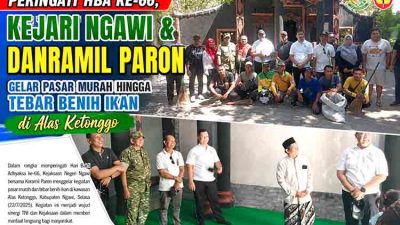 Peringati HBA ke 66, Kejari Ngawi dan Danramil Paron Gelar Pasar Murah hingga Tebar Benih Ikan di Alas Ketonggo