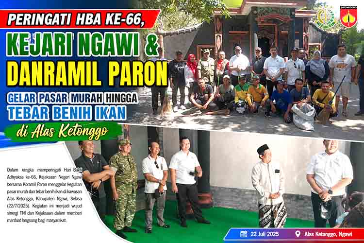 Peringati HBA ke 66, Kejari Ngawi dan Danramil Paron Gelar Pasar Murah hingga Tebar Benih Ikan di Alas Ketonggo