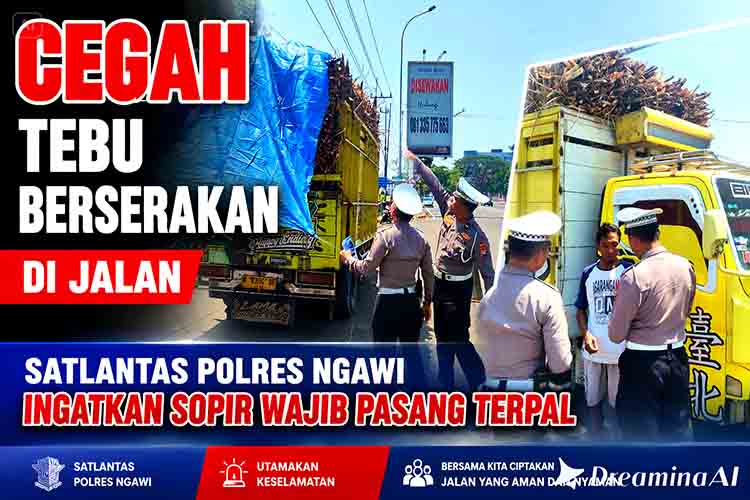 Cegah Tebu Berserakan di Jalan, Satlantas Polres Ngawi Ingatkan Sopir Wajib Pasang Terpal