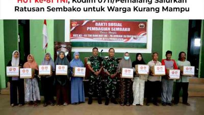 HUT ke 81 TNI, Kodim 0711 Pemalang Salurkan Ratusan Sembako untuk Warga Kurang Mampu