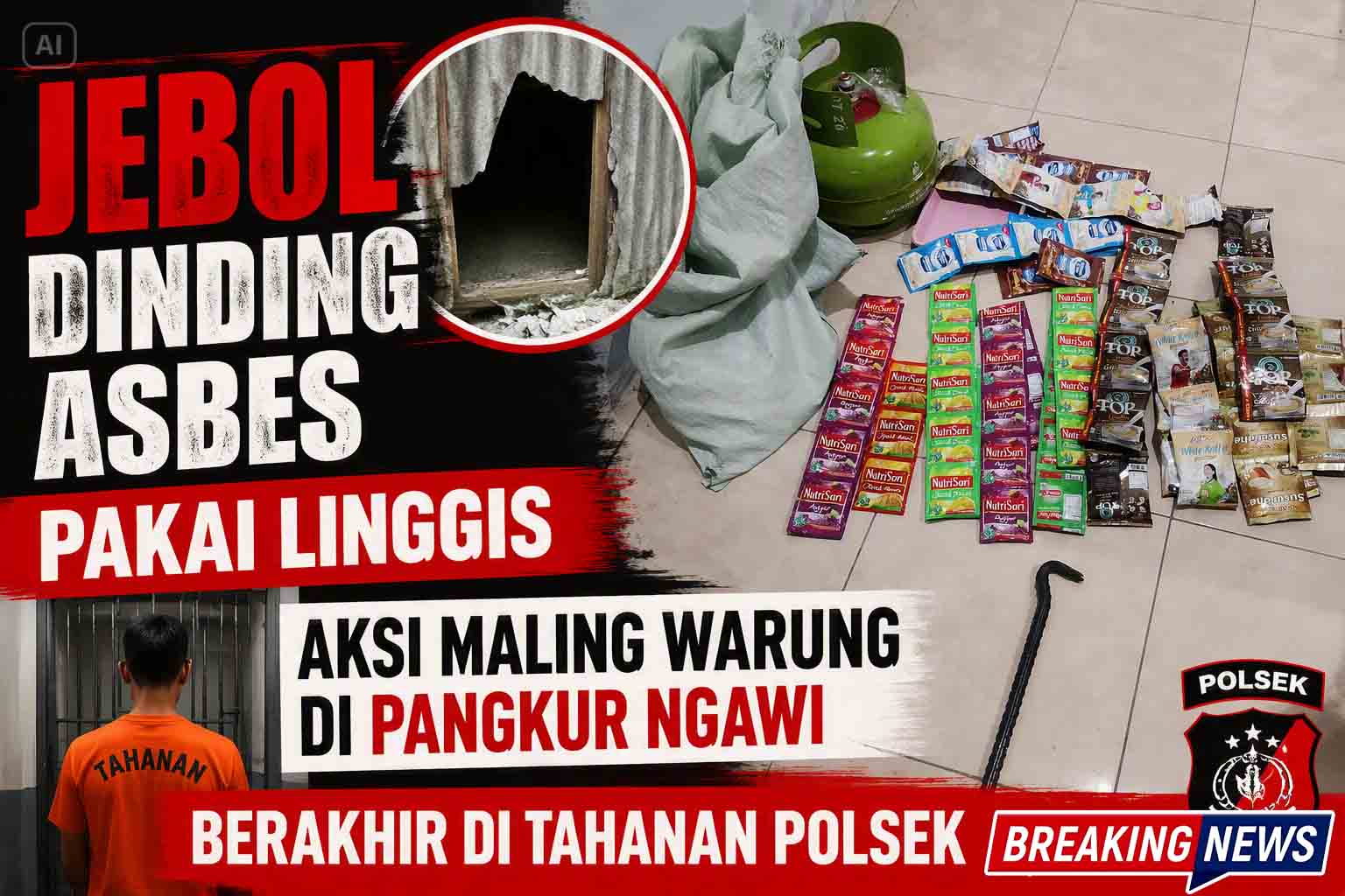 Jebol Dinding Asbes Pakai Linggis, Aksi Maling Warung di Pangkur Ngawi Berakhir di Tahanan Polsek