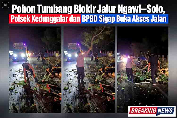 Pohon Tumbang Blokir Jalur Ngawi–Solo, Polsek Kedunggalar dan BPBD Sigap Buka Akses Jalan