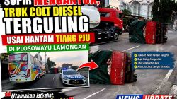 Sopir Mengantuk, Truk Colt Diesel Terguling Usai Hantam Tiang PJU di Plosowayu Lamongan